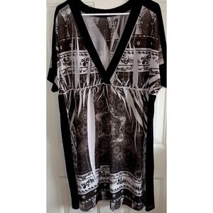 Mi Manchi XL 1X Brown Cream Paisley Tunic Top V Neck Dolman Short Sleeve USA